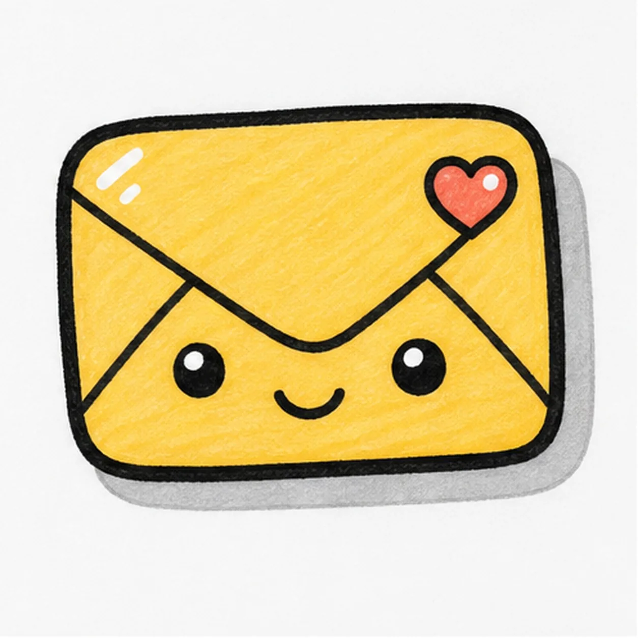 Bold marker doodle of a smiling yellow envelope sticker with folded flap lines, heart stamp, cute face, gray shadow, white highlights, thick black outline, and marker texture