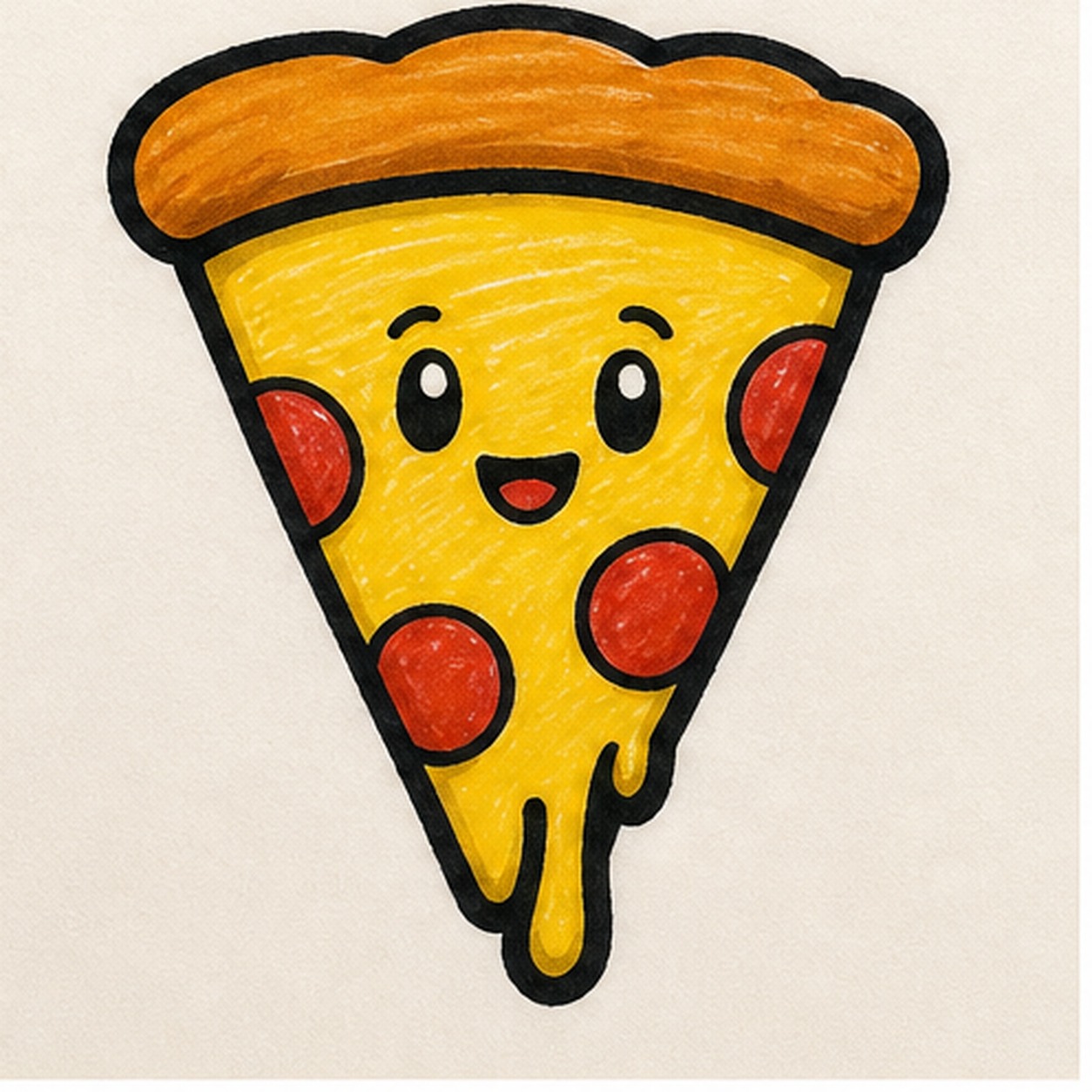 Bold marker doodle of a smiling pizza slice with yellow cheese, orange crust, red pepperoni, thick black outline, and a small cheese stretch