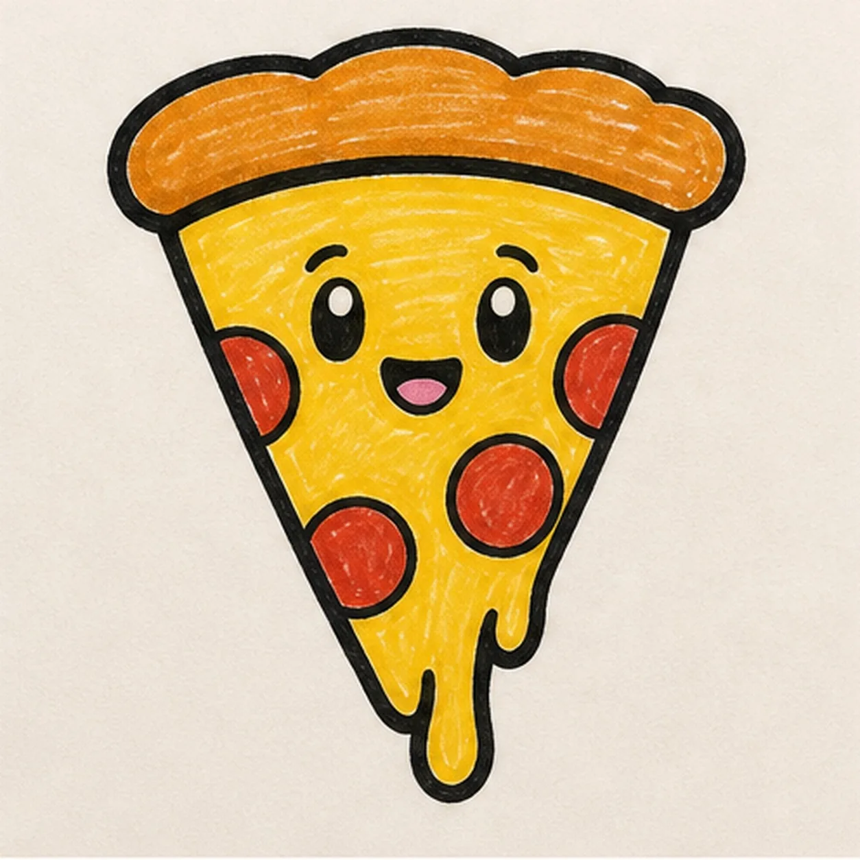 Fill the marker color stage for how to draw a smiling pizza slice