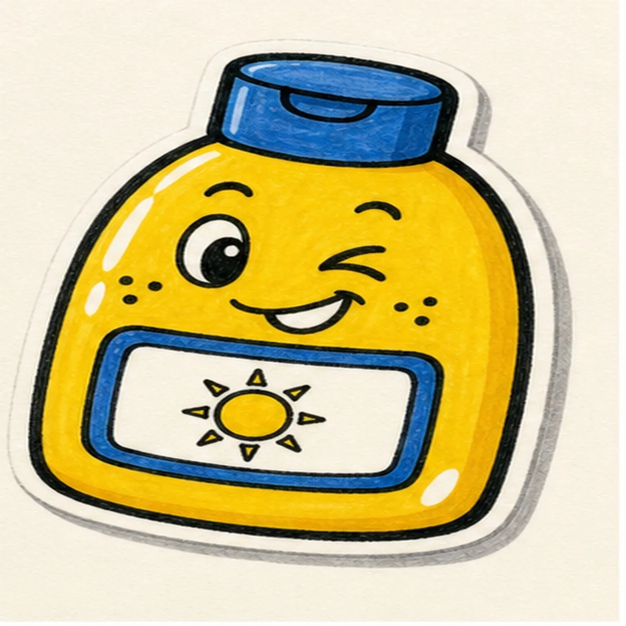 Bold marker doodle of a yellow sunscreen bottle sticker with blue cap, blank label panel, wink expression, cheek dots, small sun badge, white highlights, gray shadow, and thick black outline