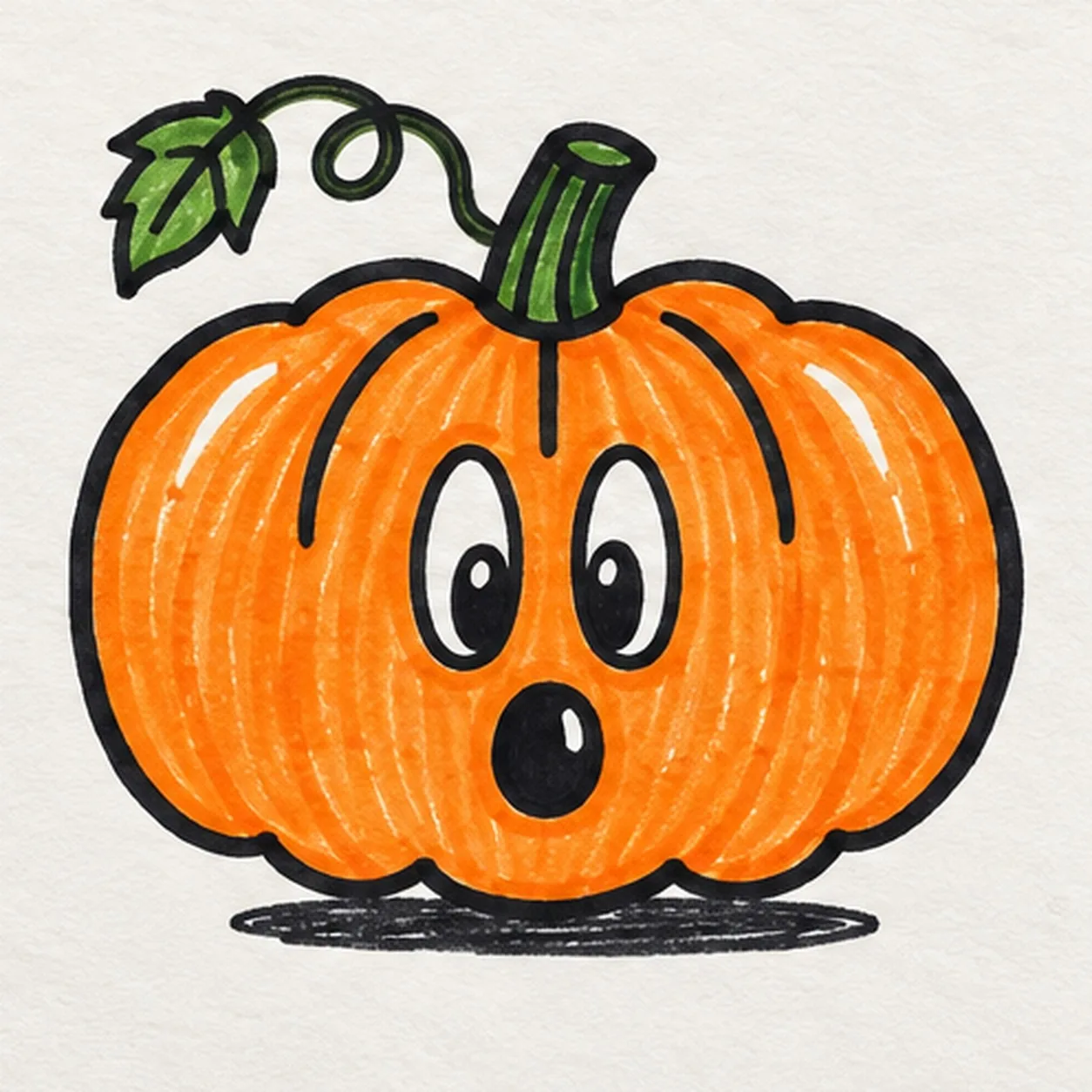 Handmade felt-tip marker drawing of one squat orange pumpkin with a thick green stem, three black form ribs, two tall eyes with dark pupils and white dots, one open round surprised mouth, one curling green vine and pointed leaf to the upper left, two white outer-lobe shine streaks, and a broken black oval shadow