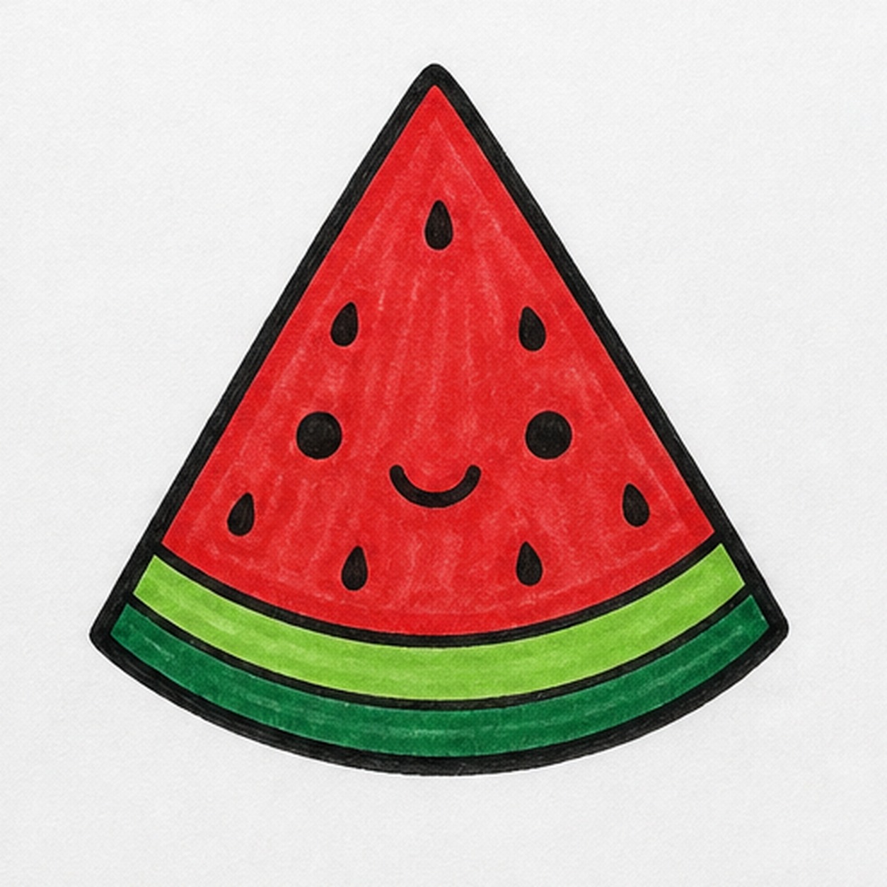 Bold marker doodle of a smiling watermelon wedge with red fruit, green rind bands, black seed drops, thick black outline, and visible marker texture