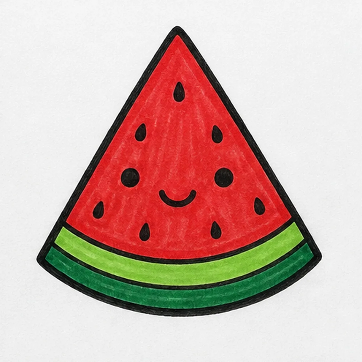 Bold marker doodle of a smiling watermelon wedge with red fruit, green rind bands, black seed drops, thick black outline, and visible marker texture