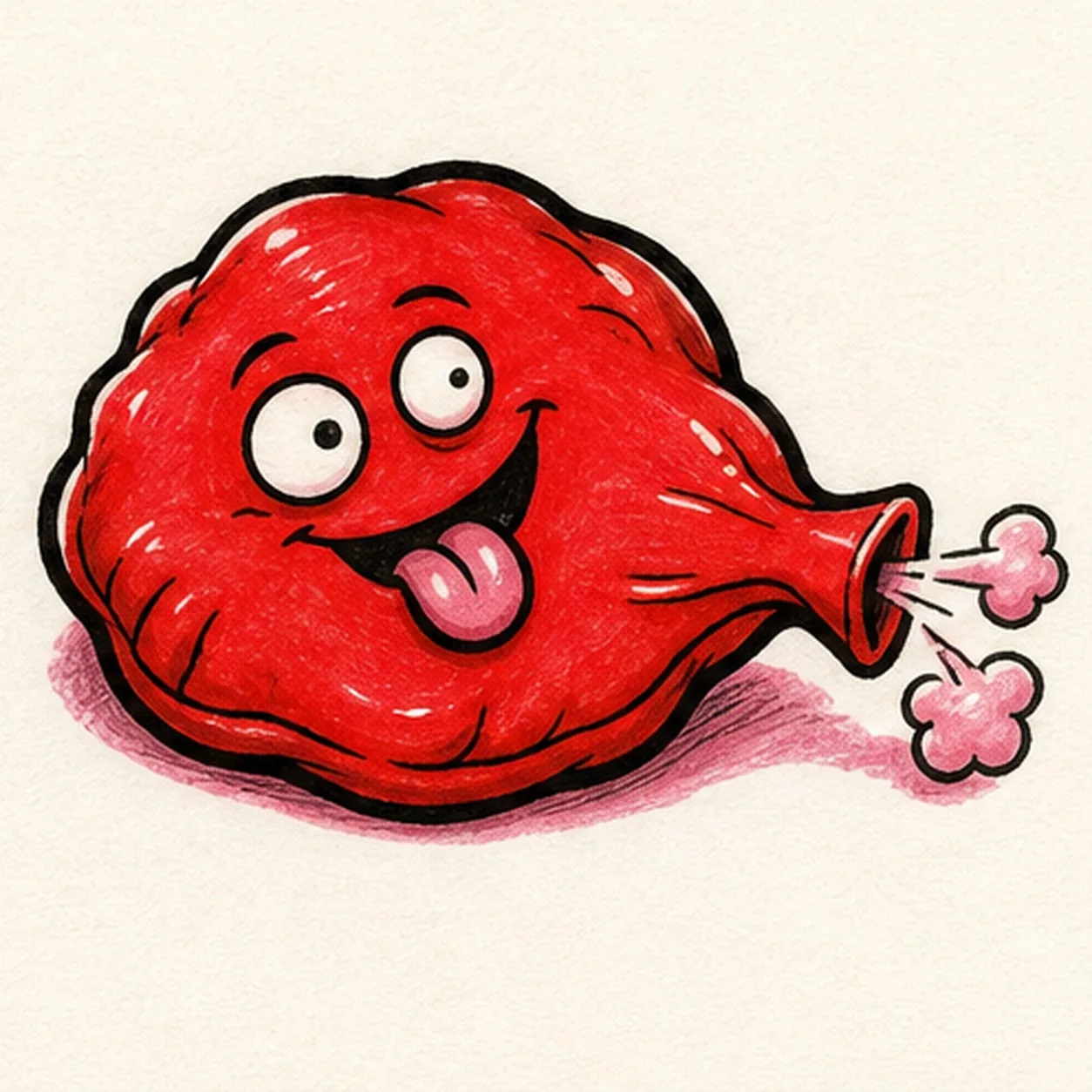 Bold marker doodle of a red whoopee cushion sticker with side nozzle, multiple pink puff clouds, tongue-out goofy face, pink sticker shadow, thick black outline, white highlights, and marker texture
